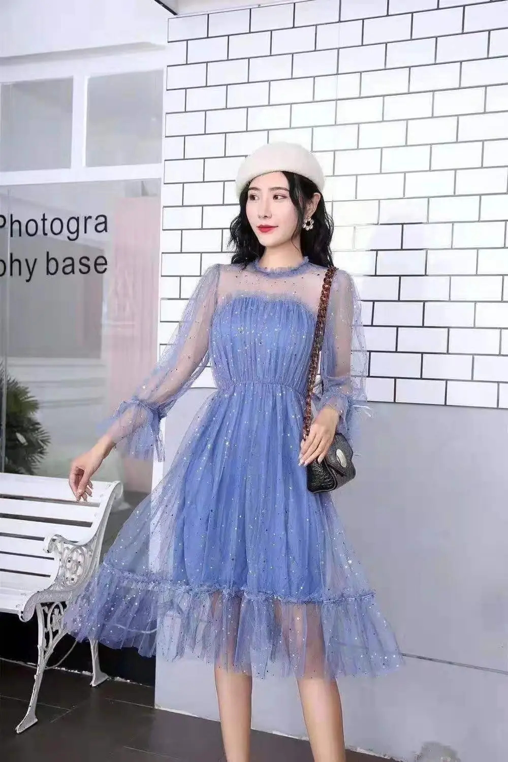 Young Gee Модные женские прозрачные платья с блестками vestidos verano романтическое сексуальное Сетчатое милое свободное платье с оборками - Цвет: Синий