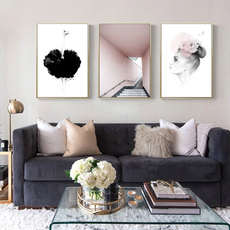 Креативная розовая лестница строительный персонаж Страус холст печать картина