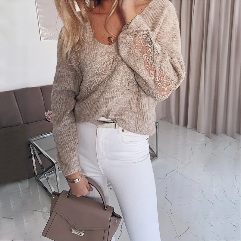 Long Sleeve Sweaters Autumn Fashion Lace Openwork Sweater Pullover Loose Thin Casual Sexy V Neck Knitted | Женская одежда