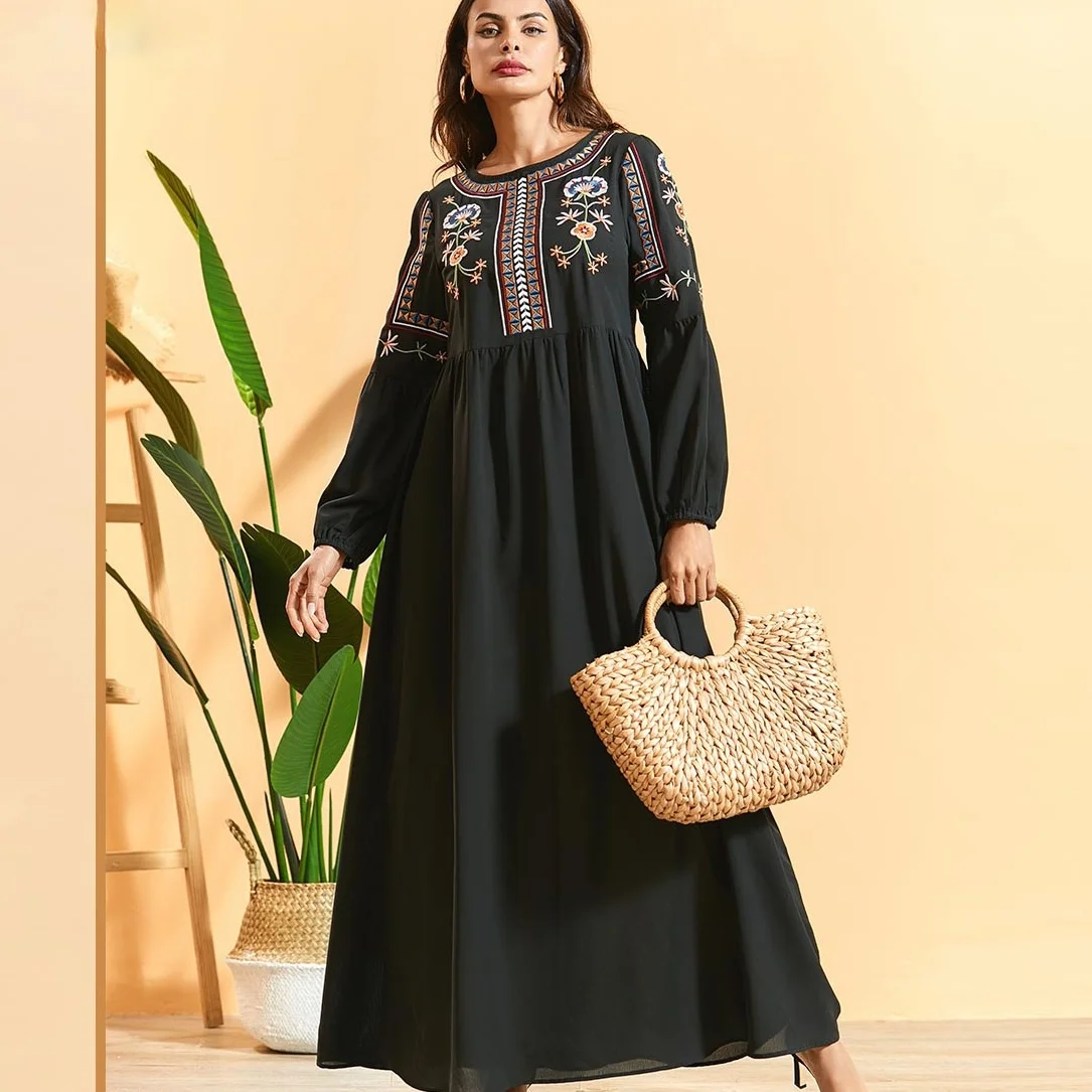 

Muslim Black Green Blue Fashion Large Size Women's Embroidered Long Sleeve Pleats Bohemian New Dress Muslim Fashion Kuftan