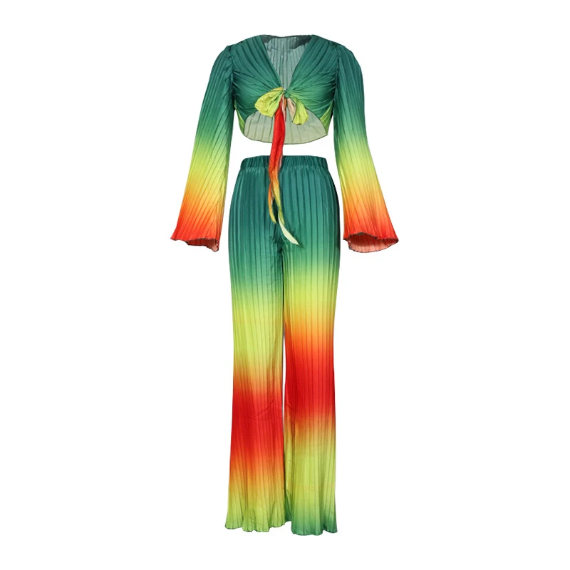 

Cutubly Long Sleeve Women'S Set Changing Color Two Piece Set Pleated Tie Up Flare Shirt Wide Leg Pants Set Suits Sexy Outfits