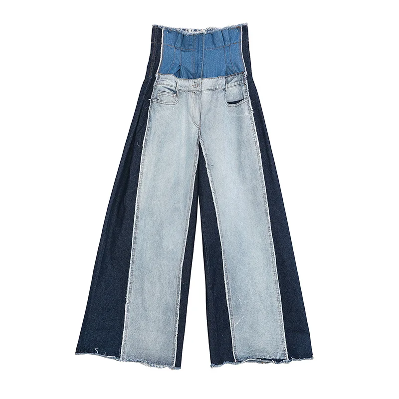 Джинсовые брюки с широкими штанинами объемные ковбойские контрастные Сращенные