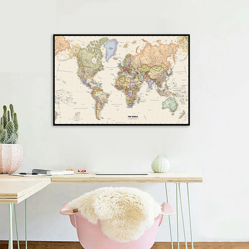 

75*50cm Political Map of The World with Details Vintage Canvas Painting Art Poster School Supplies Living Room Home Decoration