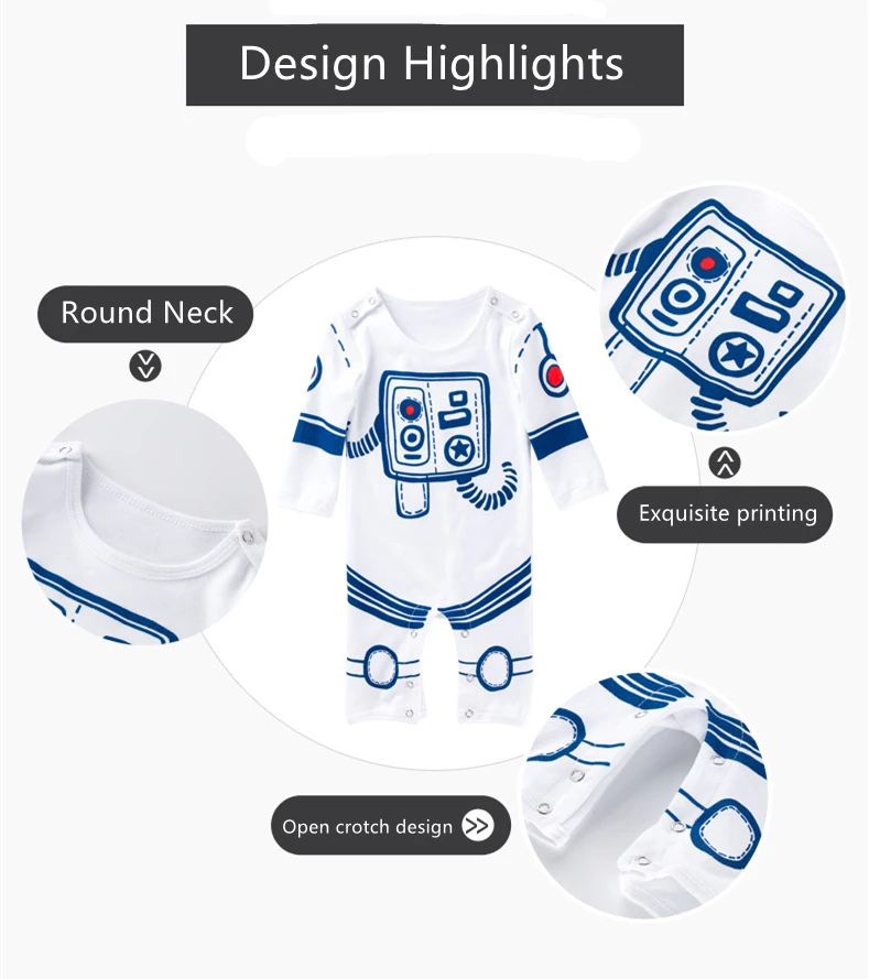 

0-2T Baby Astronaut Suit White Cotton Long-Sleeved Romper Cartoon One-Piece Jumpsuit WIth Hood For Unisex Baby Home Romper Set