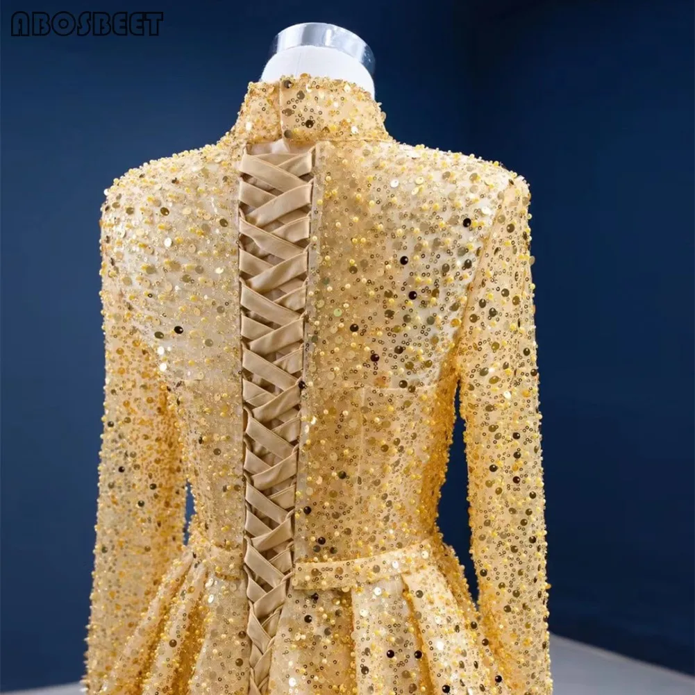 

Gold Prom Dress Long Sleeve High Collar Luxury Beads Long Evening Gowns Elegant with Train Lace Up Back Long Women Formal Dress