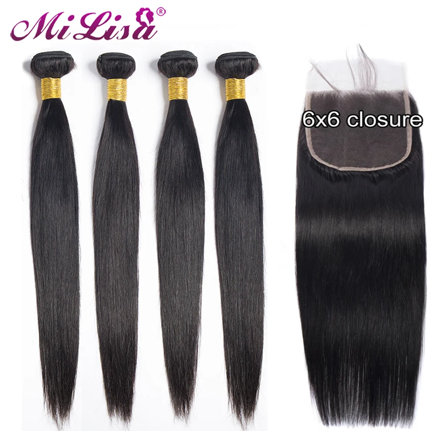 5x5 Закрытие с пучками человеческих волос закрытием малазийские прямые волосы 3 4