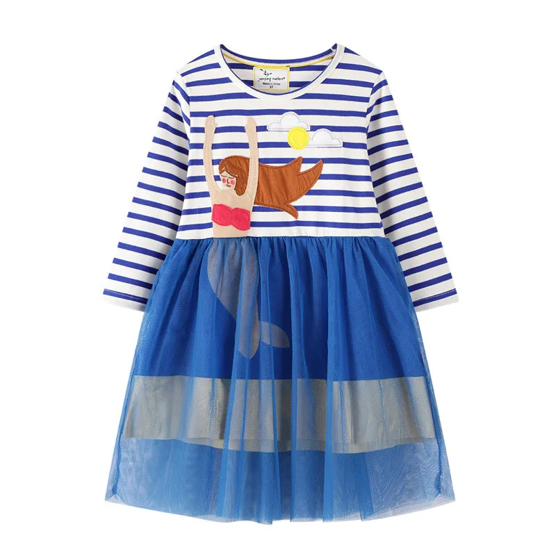 Jumping Meters New Arrival Applique Mesh Princess Dress for Autumn Spring Baby Cotton Clothes Fashion Kids Party Dresses | Детская