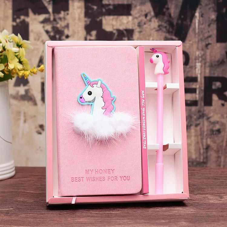 Cute Creative Beautiful Pink Unicorn Hardcover Planner Notebook Set Diary Book with Pen School Supplies Students Girls Gift | Канцтовары