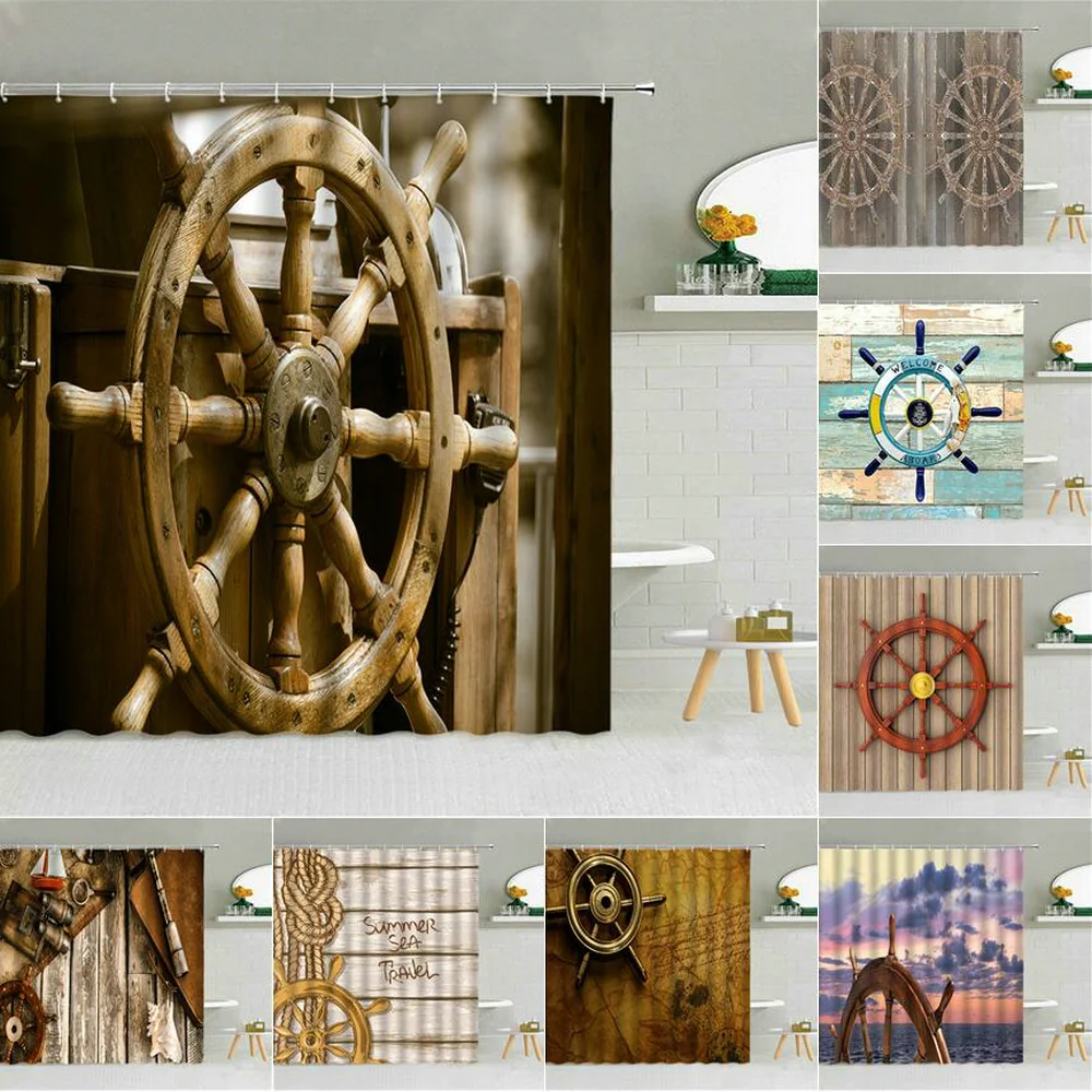 

Retro Wooden Rudder Shower Curtains Sailing Ship Themed Pattern Bathroom Decor Durable Waterproof Cloth Bath Hooks Curtain Set