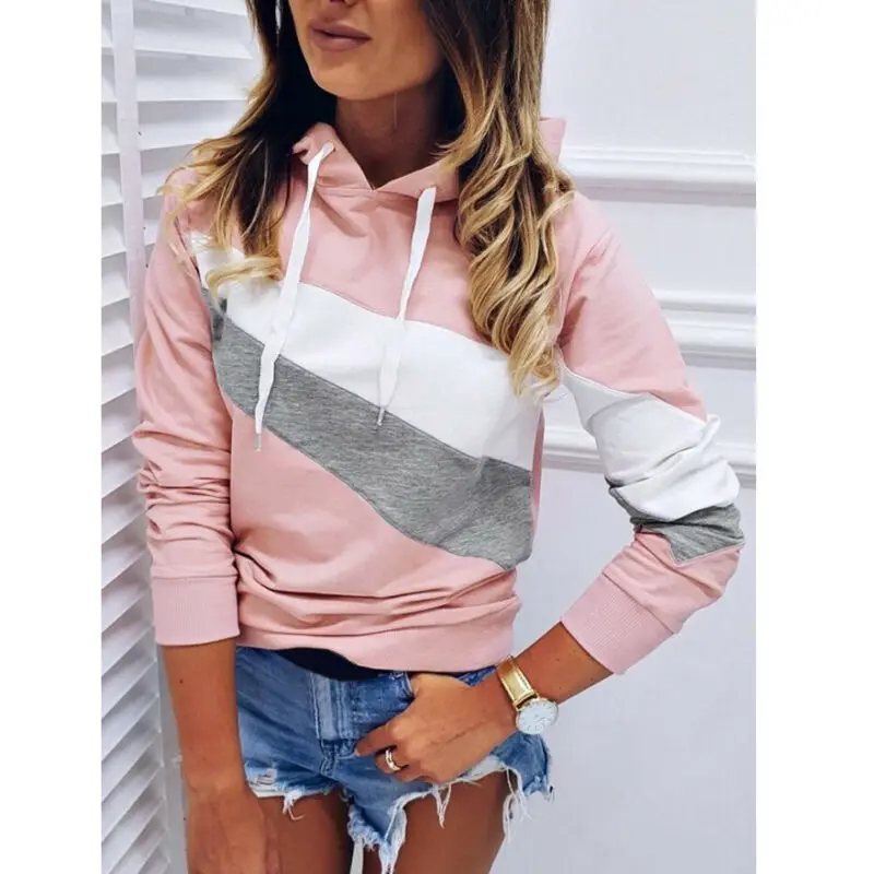 

Women Fashion Hoodie Sweatshirt Hooded Coat Top Pink Gray Patched Jumper Pullovers Womens Hooded Outwear