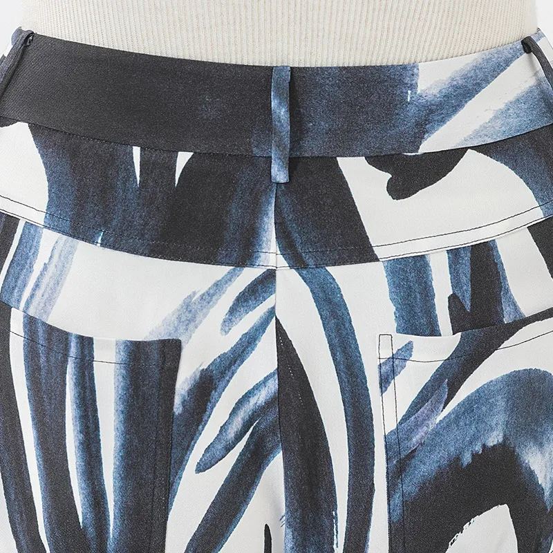 

VOA Heavy Silk 30m/m Blue Graffiti Mid-waist Bumper Stitching White Arch Stitch Niche K1287 Fashion Wide-leg Pants for Women