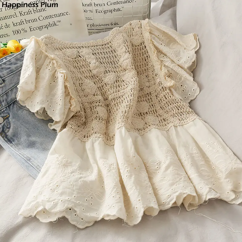 

Sweet crocheted V-neck hollow lace shirt women 2021 summer new girl loose thin short-sleeved top