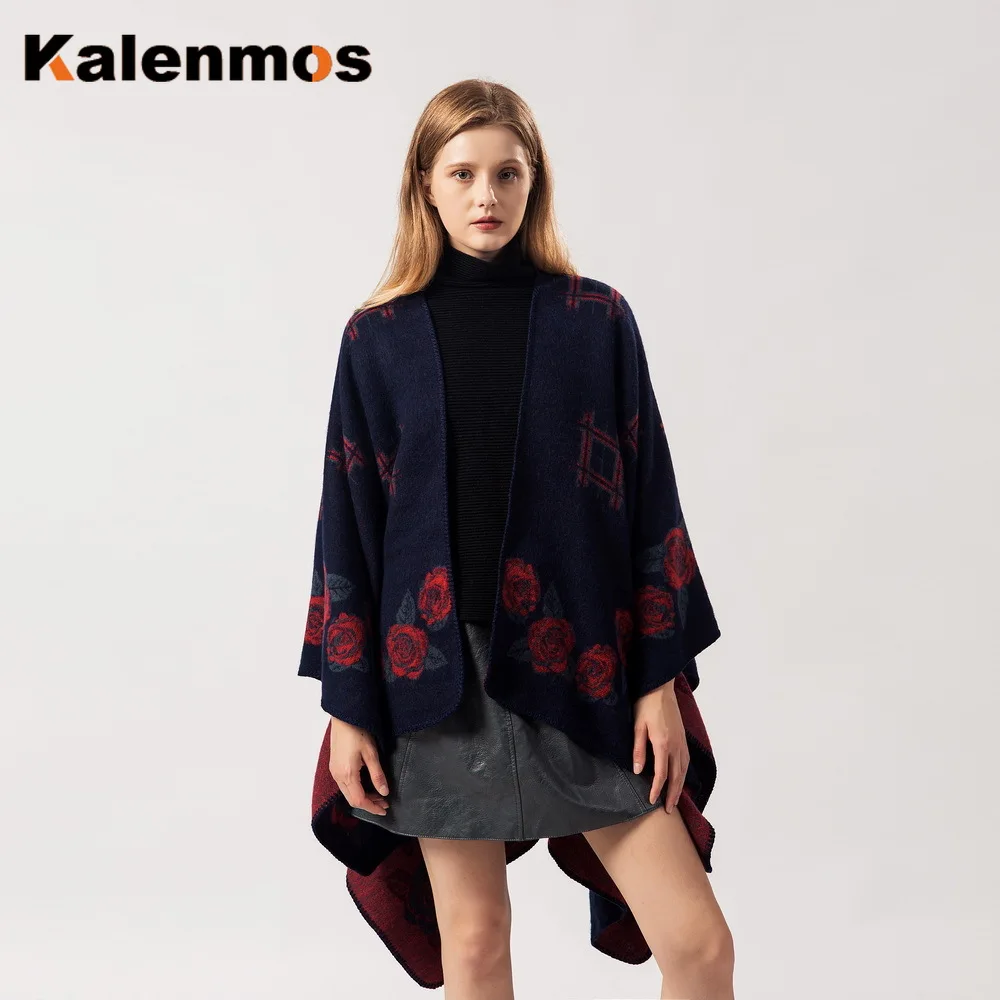 Плащ-пончо шарф Женская печать имитация розы кашемировые накидки Национальный