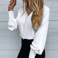 women white blouses 2021 sexy v neck lace crochet shirts long lantern sleeve tops casual loose plus size blouse
