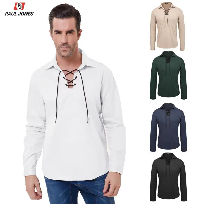 Мужские футболки с длинным рукавом в стиле пирата Ренессанса на шнуровке