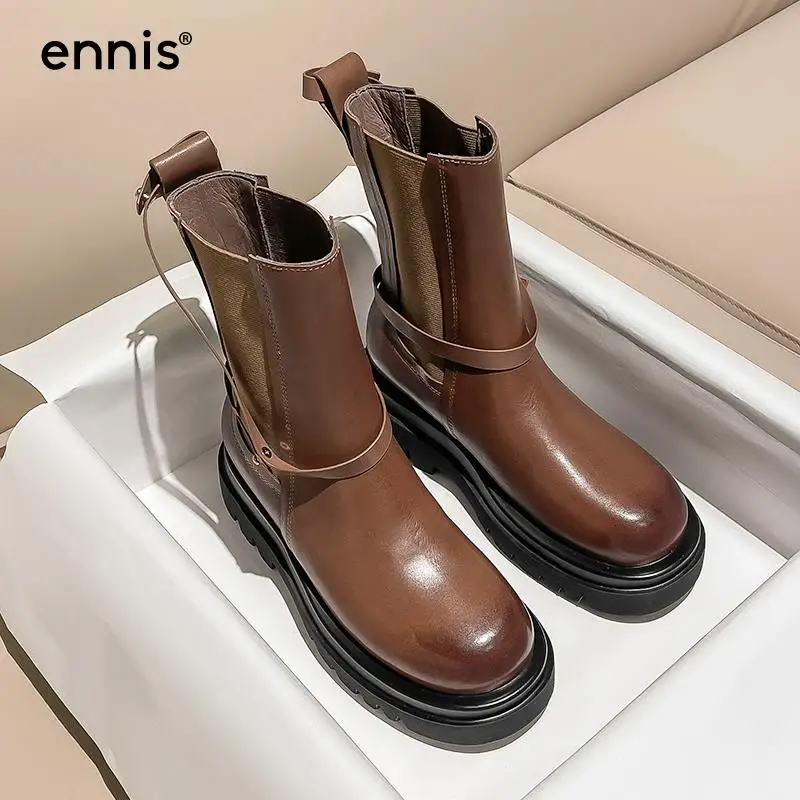 

Женские ботинки челси на толстой подошве ENNIS, коричневые однотонные ботинки из натуральной кожи на платформе до середины икры, сезон осень-з...