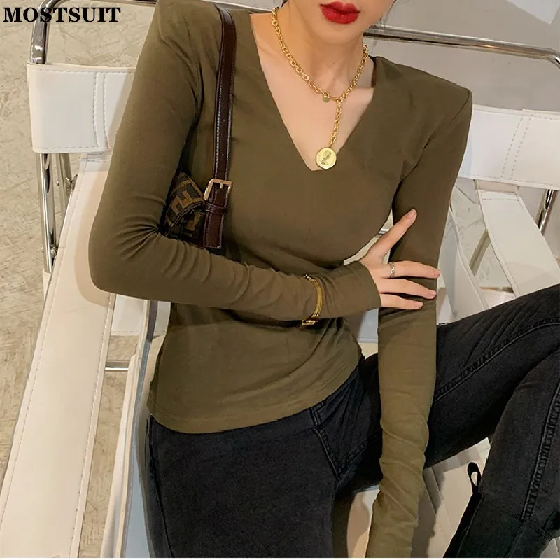 

Padded V-neck T-shirt Tops Women 2021 Autumn Full Sleeve Solid Slim Pullover Tees Streetwear Basic Casual Female Tshirt Femme