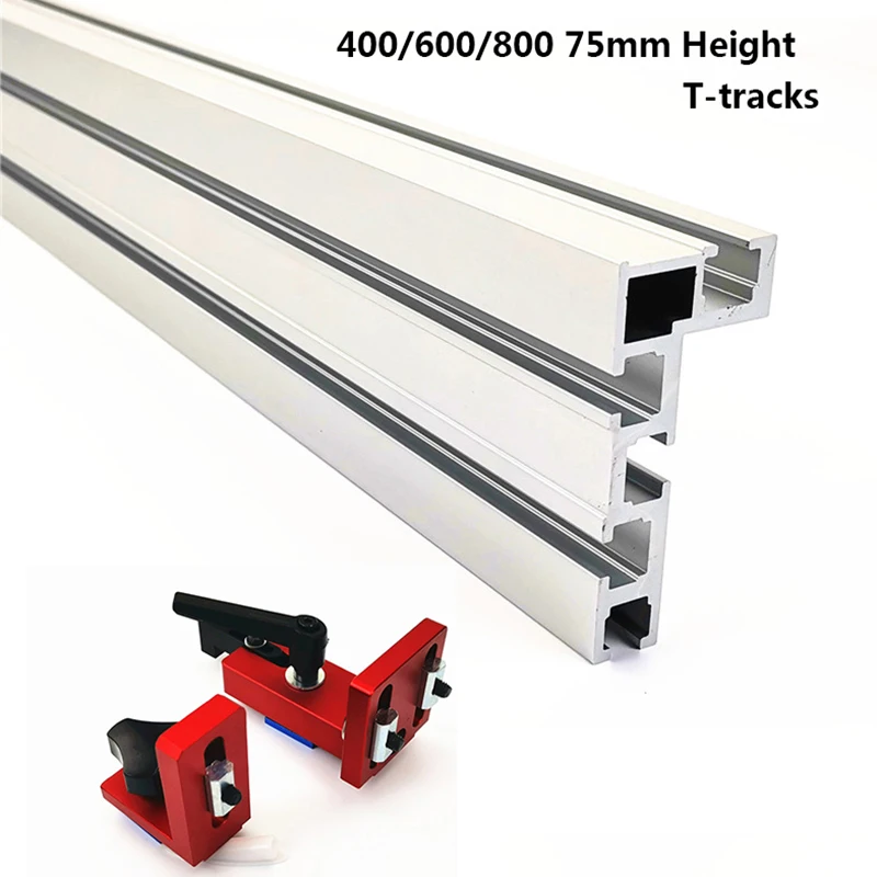 

400/600/800mm Aluminium Profile Fence 75mm Height with T-tracks and Sliding Brackets Miter Gauge Fence Connector for Woodworking