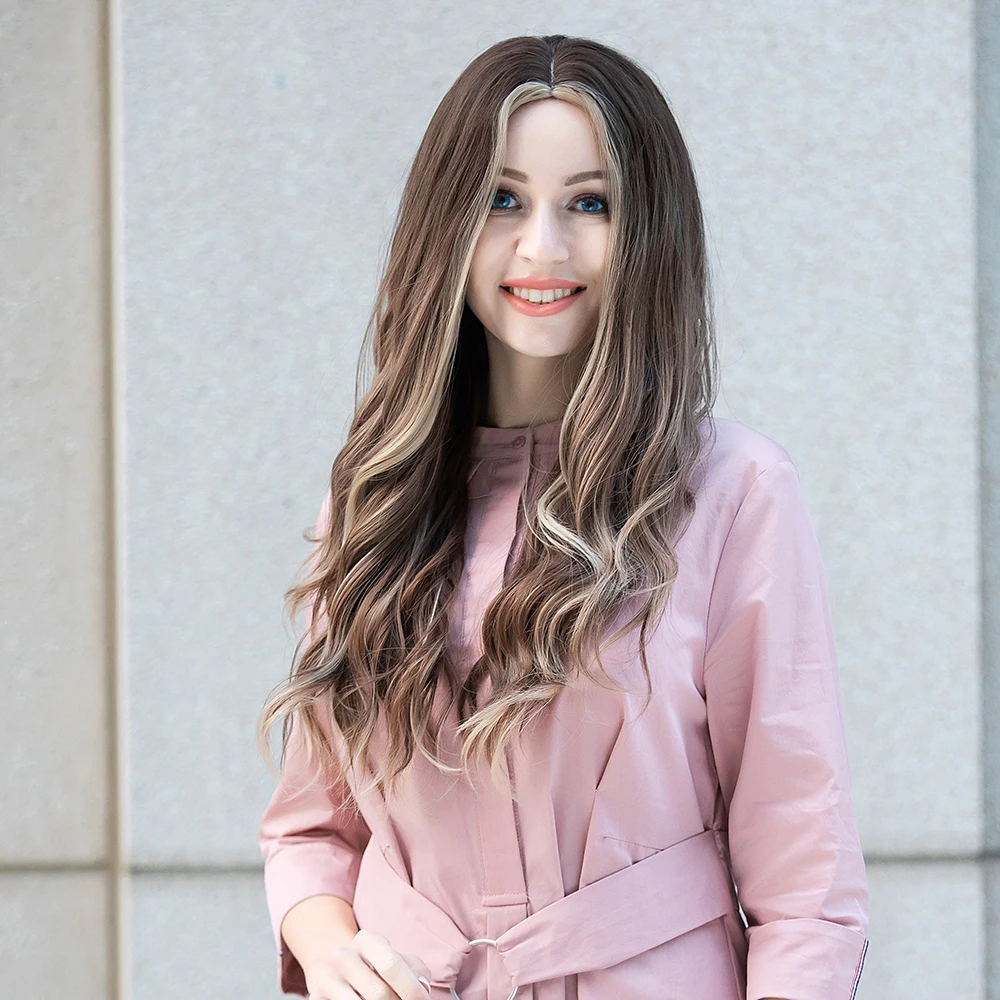 Длинные коричневые синтетические парики CharmSource с глубокими белыми волнами для