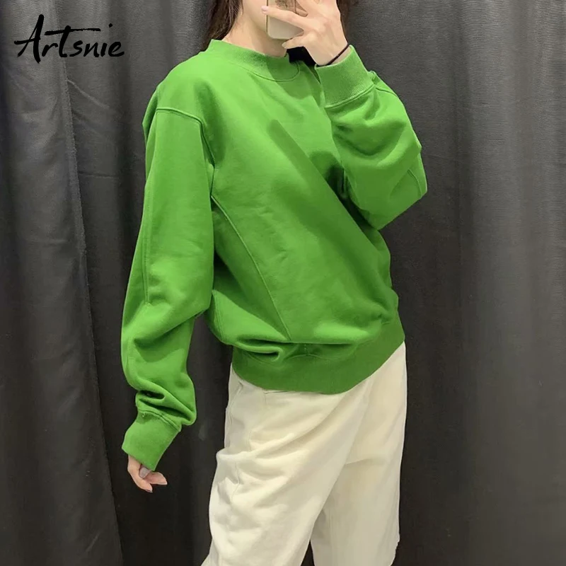 

Artsnie autumn 2019 casual women sweatshirt knitted o neck long sleeve hoodies pullovers streetwear green sweatshirts mujer