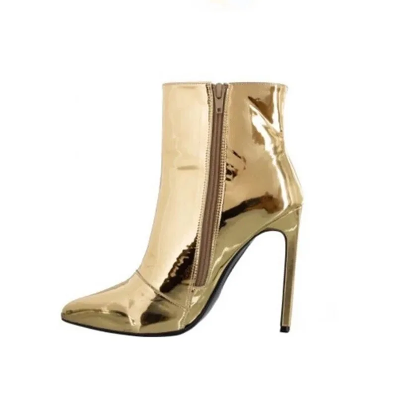 

Autumn and winter new gold silver pointed thin heel side zipper short boots fashion boots boots net red boots 40