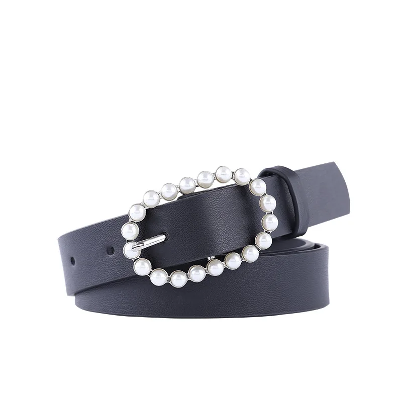 

European and American New Rhinestone Inlaid Women's Belt Fashion Decorative Coat Jeans Pearl Buckle Belt Womans Belt Unif