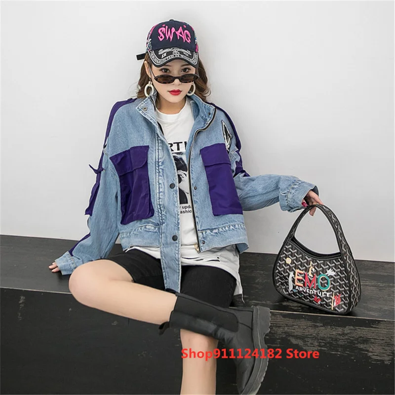 

Spring New Stitching Contrast Single-Breasted Denim Jacket Lapel Short Outfit Korean Style Temperament Commuter Cardigan Women