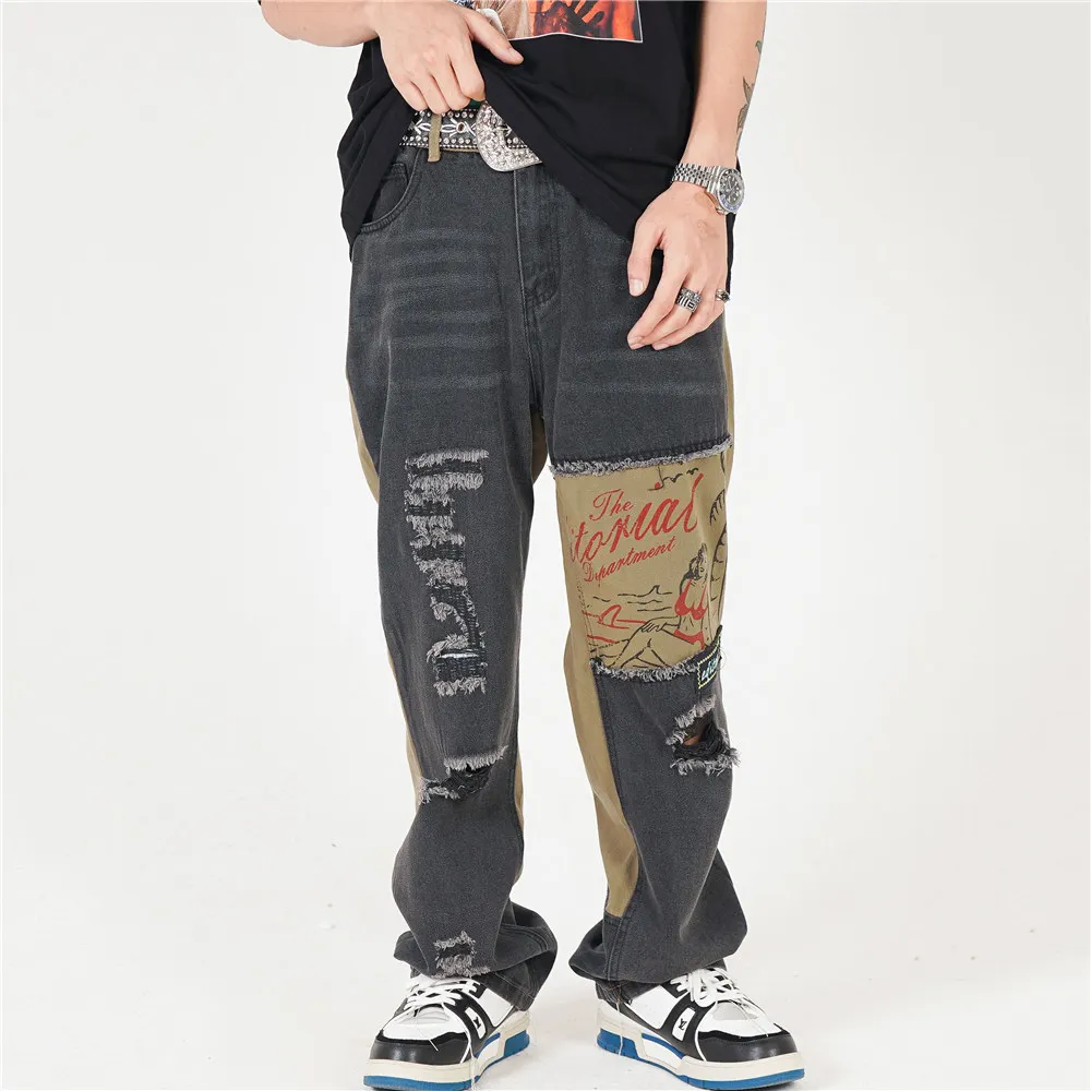 

Men's Jeans Patchwork with Broken Holes Design Oversized Hip Hop Fashion Casual Streetwear Baggy Trousers