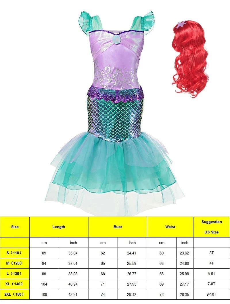 970 wig B Платье принцессы Ариэль для маленьких девочек; детский маскарадный костюм принцессы Русалочки Ариэль; Детский парик Русалочки с хвостом Ариэль - Цвет: 970 wig B
