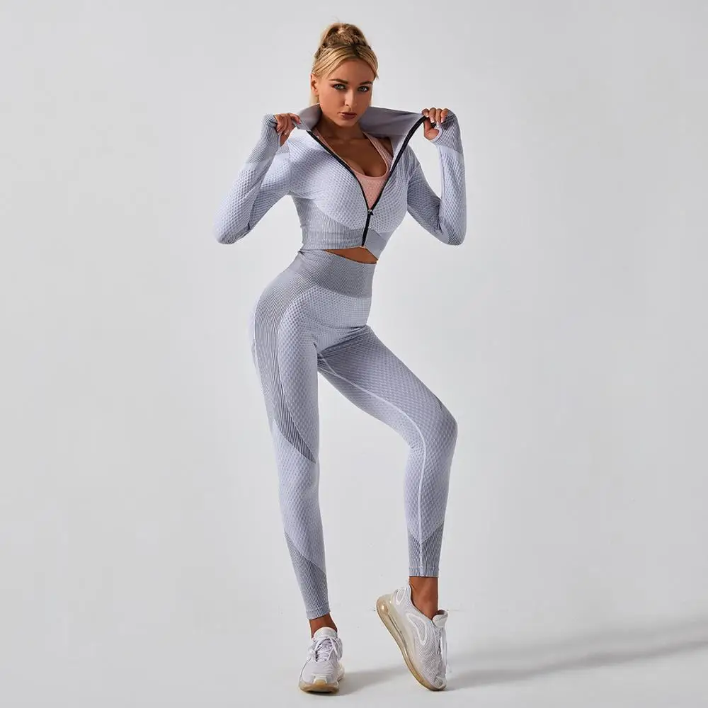 

Women Yoga Set Workout Sportswear Gym Clothing Fitness Long Sleeve Crop Top High Waist Leggings Sport Suits bra Female Seamless