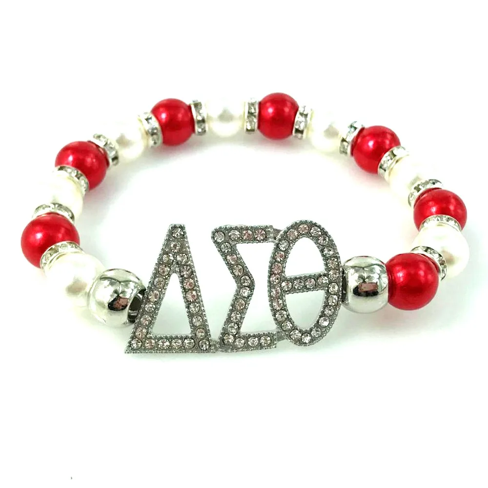 Дельта Сигма Тета Sorority DST греческий, украшенные белым жемчугом и стразами; сезон «сделай сам» эластичный браслет с драгоценностями