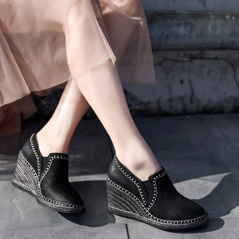 

Artmu Original Women Wedges Thick Soled Shoes Retro Genuine Leather 7.5 cm High Heels Hemp Rope Woven Handmade Sewing Shoes