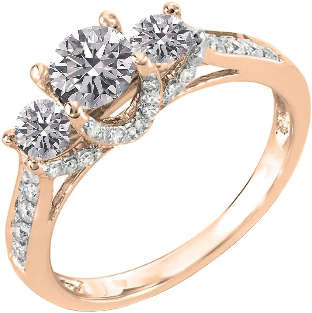 

Women's 1 Carat (Ctw) 10K Rose Gold Engagement Ring White Gold Round Moissanite Diamond Ring D Color 3 Stone Ring 1 Ct
