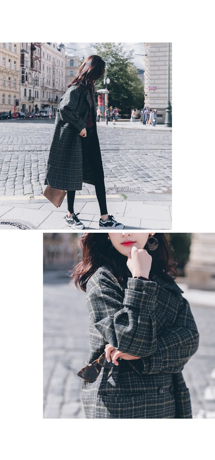 Vintage Plaids Clothes Loose Woollen Coat Women's New Checked Coat Baggy Silhouette Overcoat Tweeds Winter female Outerwear
