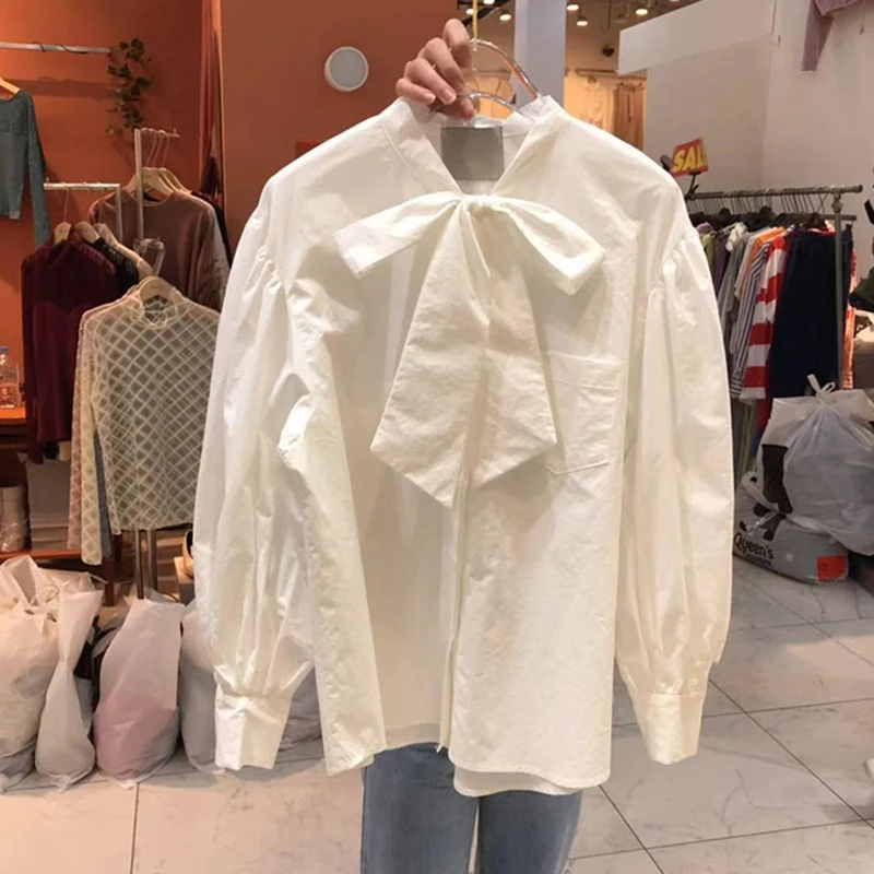 

SHENGPALAE Bow Tie Blouse Women's Spring 2021 New Loose Single Breasted Long Sleeve Solid Color Shirt Female Fashion Tops 5C208
