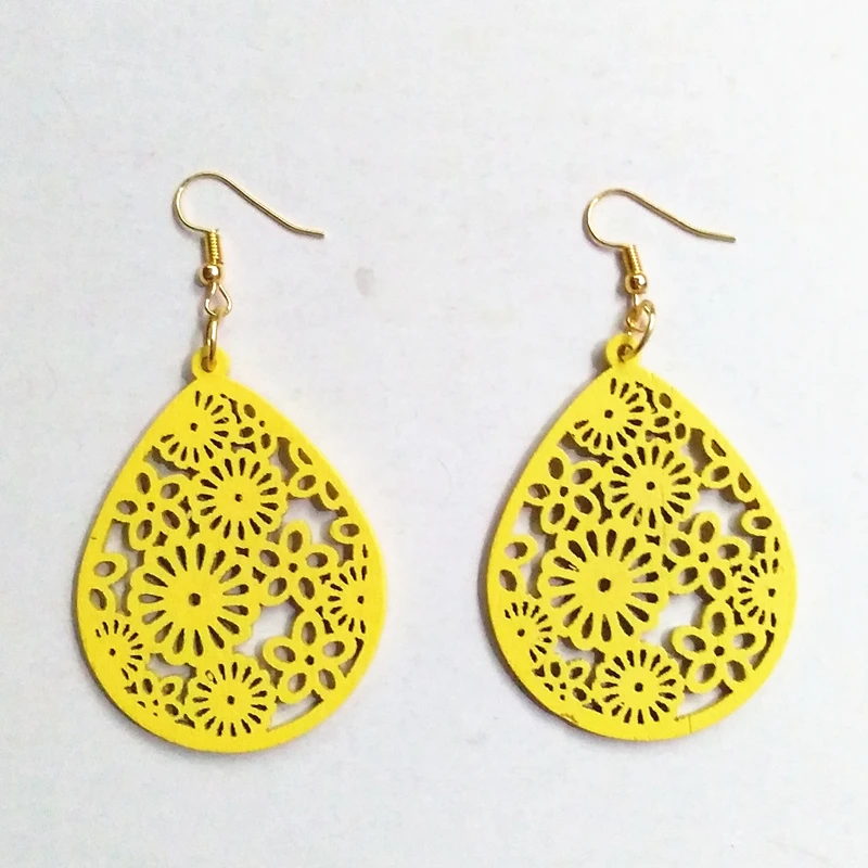 

New Wood Waterdrop Style Big Circle Round Drop Earrings Hollow out Flowers Earrings Romantic Party Gifts For Women Girls Jewelry