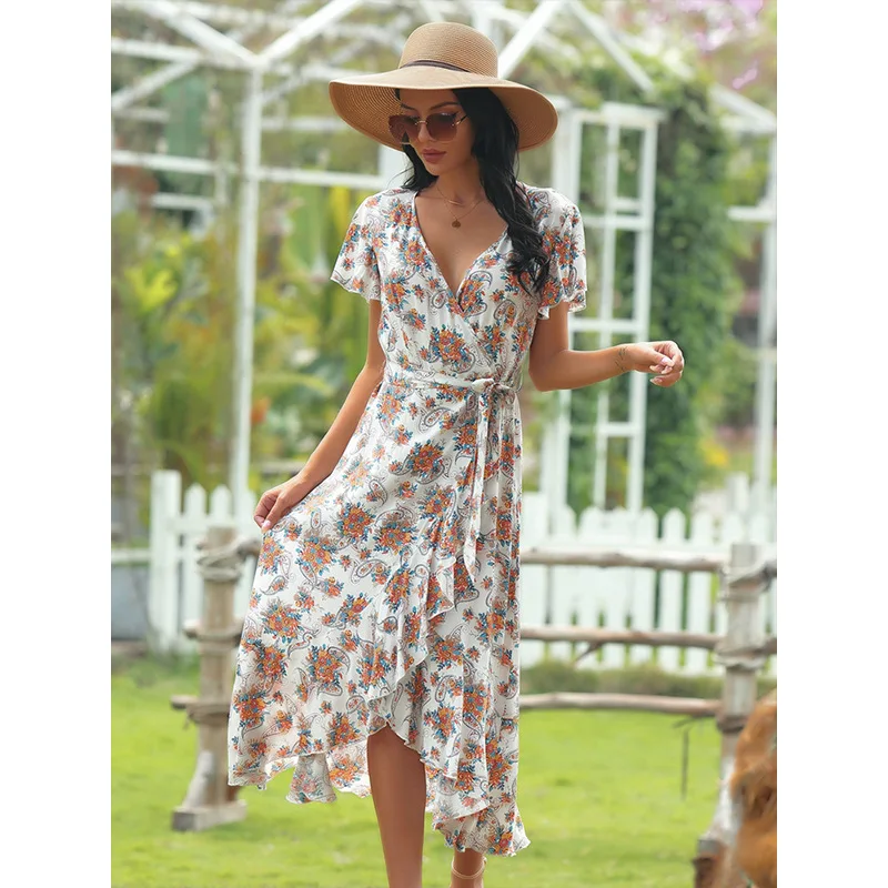 

COIGARSAM Women Long Dress Summer 2021 New Sexy Cute Floral Print Short Sleeve V-Neck White Dresses Vestidos