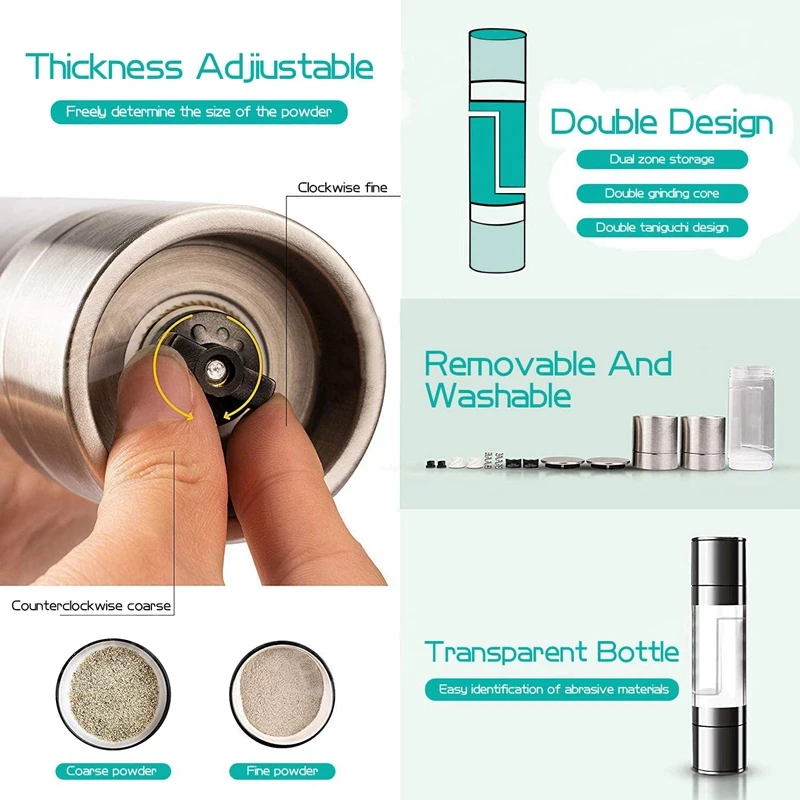 

Retail 2 Pcs Stainless Steel 2 in 1 Manual Salt & Pepper Grinder Refillable with Dual Adjustable Coarseness Clear Acrylic Body