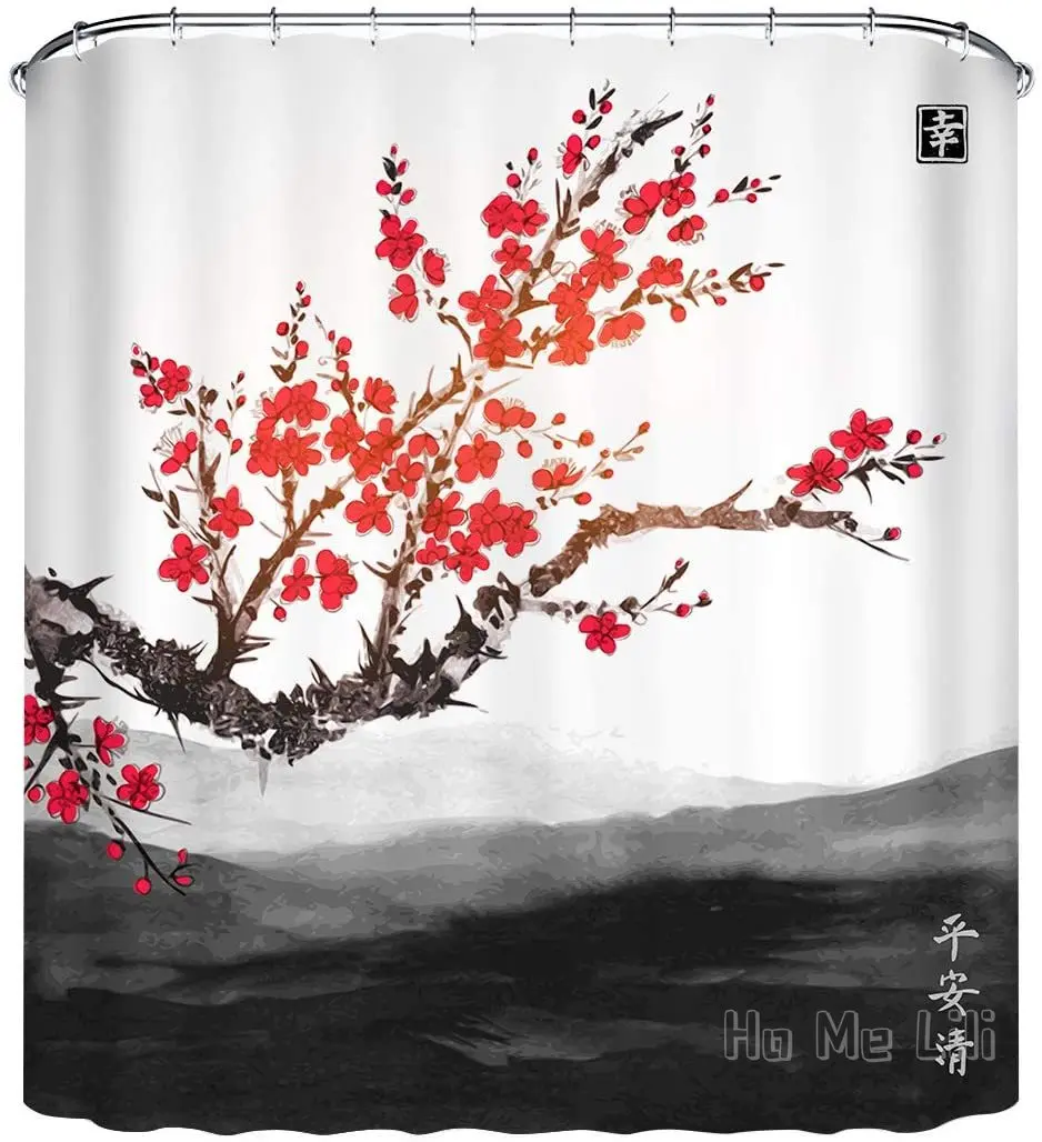 

Japanese Spring Cherry Blossom Flower Asian Anime Oriental Chinese Ink Painting Shower Curtains Waterproof With Hooks