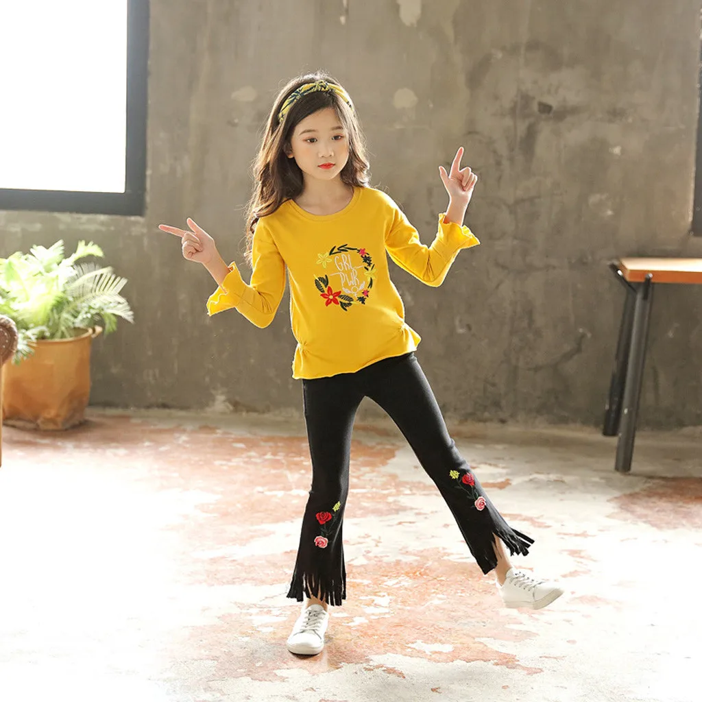 

Korean Fashion Girl Children's Clothing Suit New 2020 Kids Girls Long Flare Sleeve Embroidered Stretch Flare Pants Set L1225