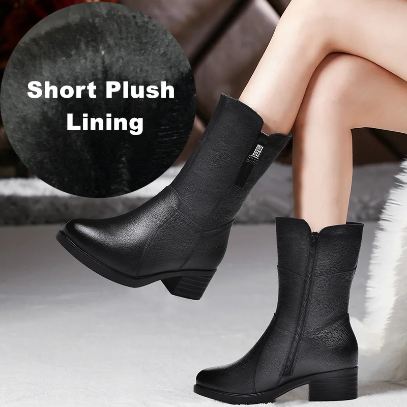 Short plush lining DONGNANFENG/Женская обувь из натуральной кожи для мам; зимние сапоги до середины икры с Плюшевым Мехом; Теплая обувь на молнии и среднем каблуке; шикарные BH-8783 - Цвет: Short plush lining