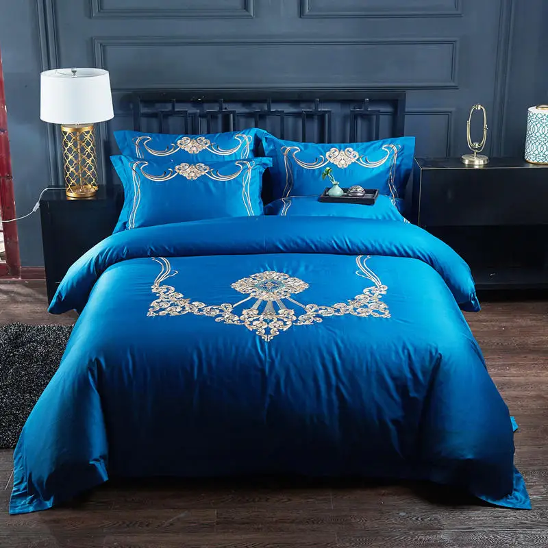 4/6 шт. благородный синий комплект постельного белья с вышивкой/сатиновый