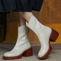 round toe ankle boots women genuine leather chunky high heels motorcycle boots female high top platform pumps shoe casual shoes