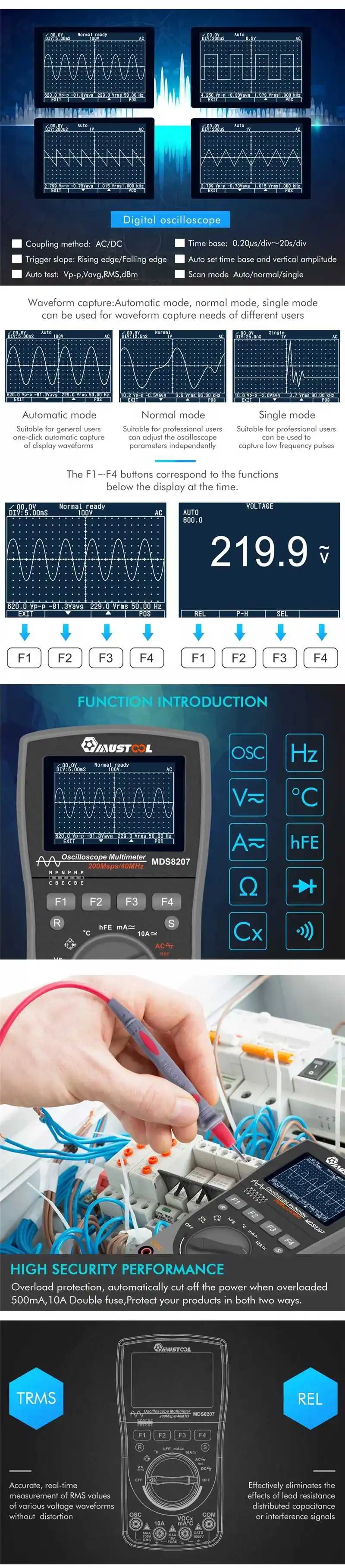 MUSTOOL MT8206 MDS8207 MT8205 MT99 MT109 2 в 1 цифровой Интеллектуальный Ручной осциллограф мультиметр напряжение тока