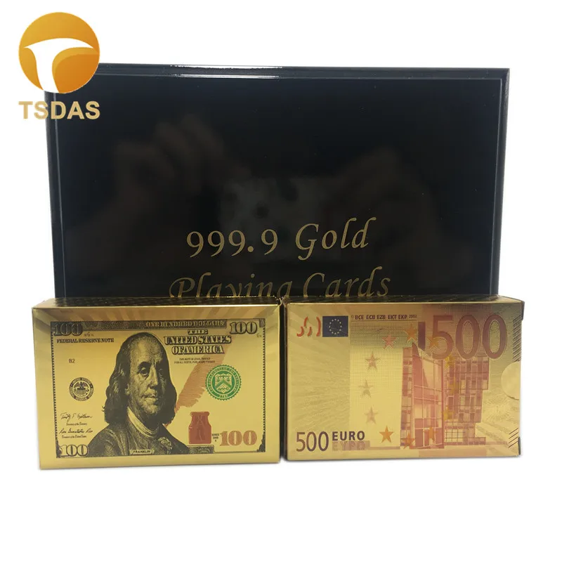999 золото игральные карты с 100 доллара и евро 500 дизайн покрытыем цвета чистого 24