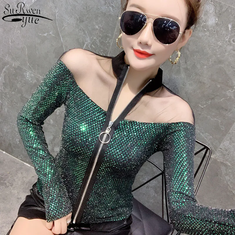 Женский эластичный кардиган на молнии с блестками и длинным рукавом 7856 50|Блузки| |