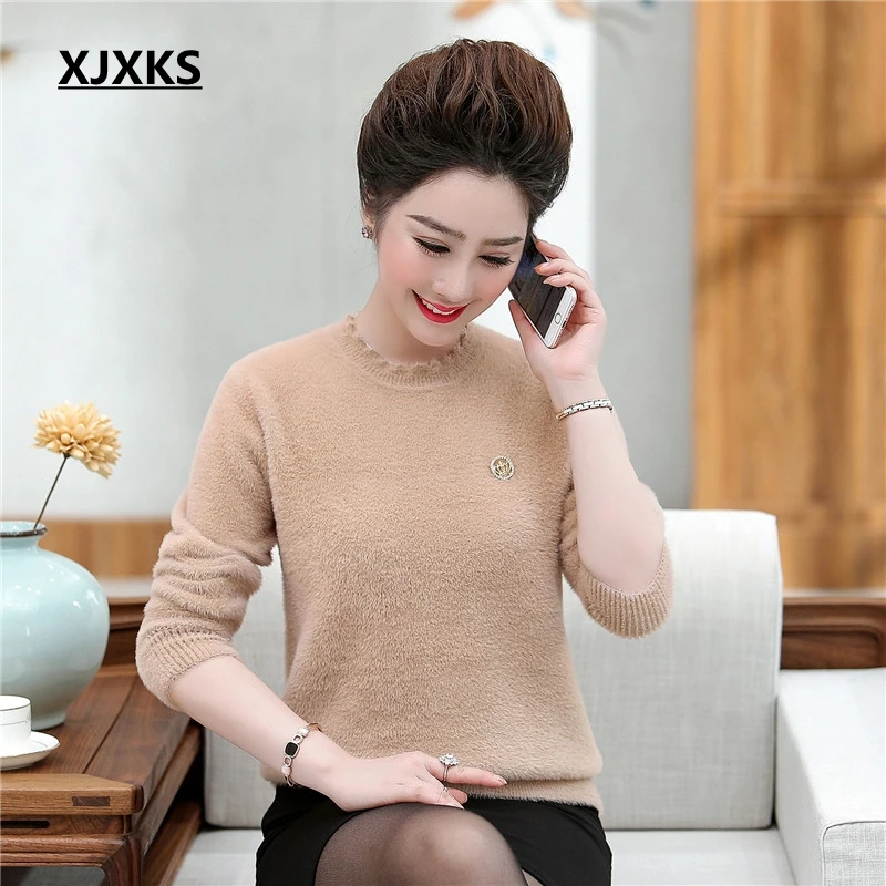 XJXKS ropa mujer Invierno свитер большого размера элегантный кашемировый пуловер с длинными рукавами универсальные пушистые пуловеры женский свитер - Цвет: Хаки