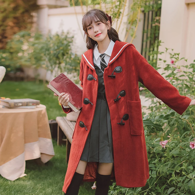 

Autumn Winter Horn Button Preppy Style Long Red Woolen Overcoat Outerwear Women Vintage Elegant Loose Casual Trench Coat 5025