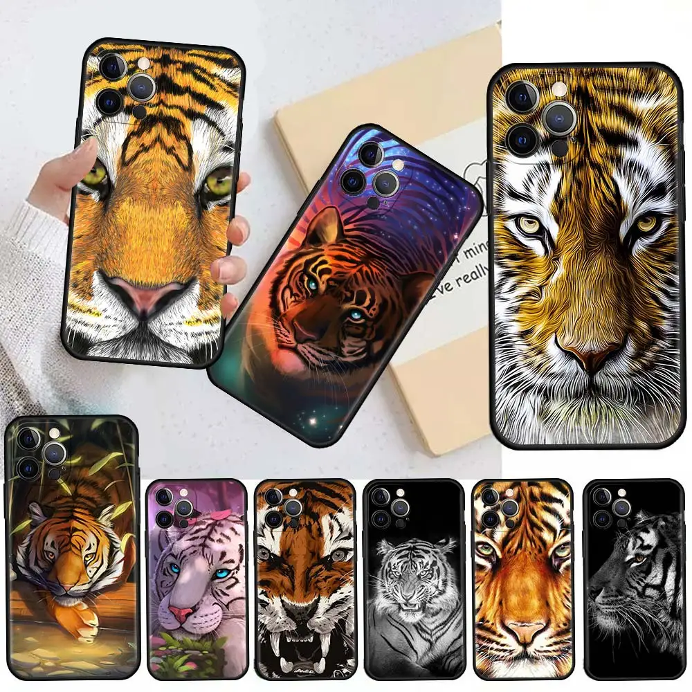

Tiger Animal Art Case For Apple iPhone 13 11 12 Pro 7 XR X XS Max 8 6 6S Plus 5 5S SE 2020 13Pro Black Phone Cover Capa