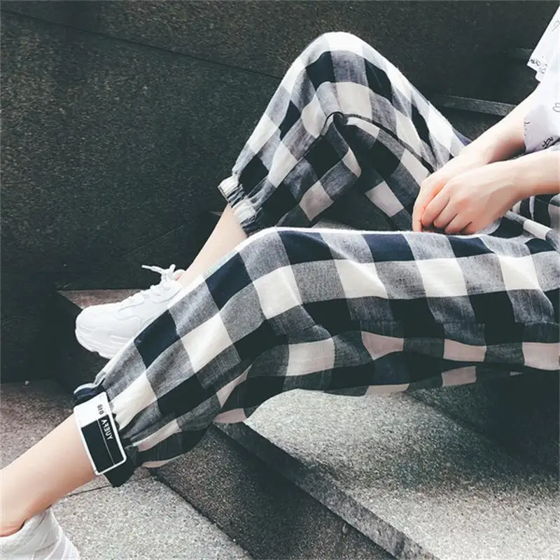 

2021 New Fashion Women Autumn Casual Pants Clothes Black White Plaid Female Harem Pants Loose Drawstring Streetwear Women Pants